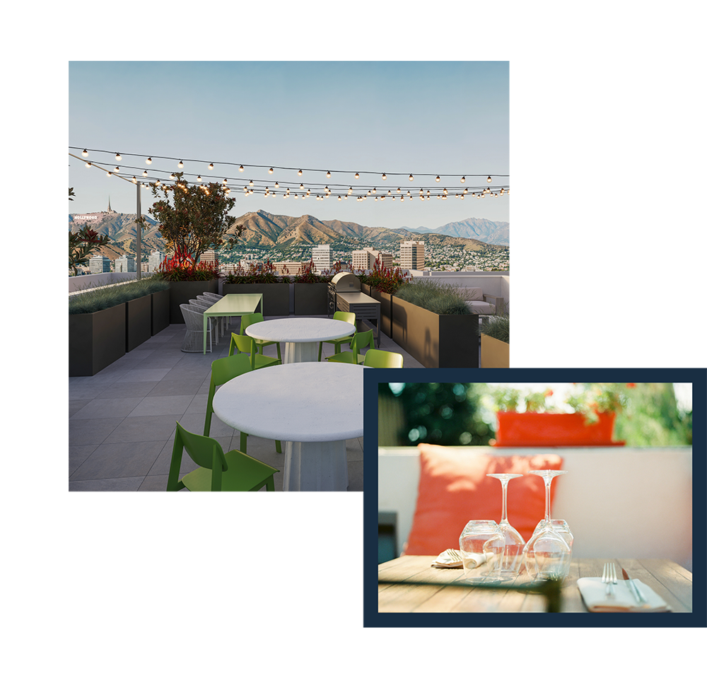 Roof top amenity lounge with view of the Hollywood hills 