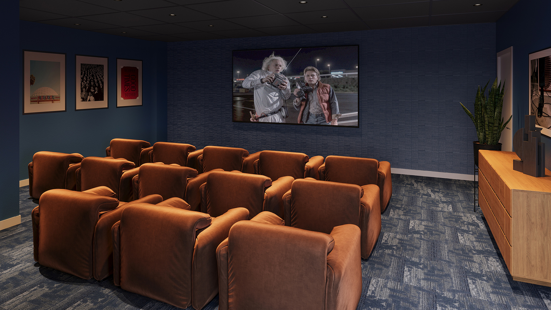 Jayden resident screening room with theater seating  